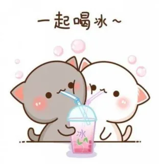 🐱 一起喝冰～ chats, mignon, boisson, glace, dessin animé, kawaii telegram sticker