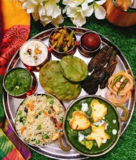 🍲 Indian food, thali, vegetarian, paneer, rice, spinach, puri, traditional telegram sticker