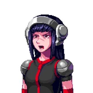 😠 pixel art, female character, helmet, shoulder pads, video game, angry telegram sticker