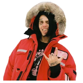😝 man, red jacket, fur hood, hand gesture, tattoo, winter coat whatsapp sticker