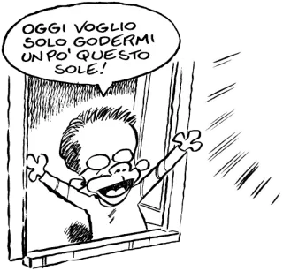 ☀️ OGGI VOGLIO SOLO, GODERMI UN PO' QUESTO SOLE! dibujo animado, ventana, sol, feliz, cómic, italiano telegram sticker