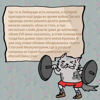 🪗 Где-то в Люберцах есть качалка, в которой
приседали ещё деды во время войны. Так вот
однажды качки решили делать ремонт,
начали снимать обои со стен, а там
несколько слоёв. Дошли даже до шёлковых
обоев XVII века-оказалось, в этом помещении
тогда был домик прислуги князя Архиова. И
уже под этими обоями обнаружилась газета
Статский Физкультурник, где в разделе
смешных истории был напечатан этот
ебучий баян, сука! cat, weightlifting, text, humor, russian, story telegram sticker