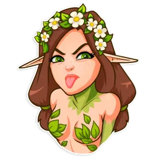 👅 elfa, foresta, donna, fantasy, lingua di fuori, fiori, foglie telegram sticker