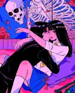🍭 anime, couple, romantic, cartoon, embrace, love, affection, flowers, skeleton telegram sticker