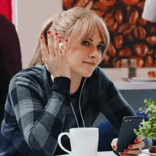 🤍 Frau, Handy, Person, Kopfhörer, Kaffee telegram sticker
