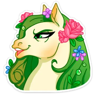😖 cheval, poney, fleurs, dessin animé, animal, crinière verte telegram sticker
