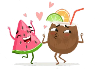 💃 watermelon, coconut, fruit, drink, cartoon, cute telegram sticker