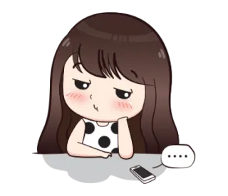🙄 desenho animado, menina, entediada, beicinho, telefone, balão de fala, pontos, esperando whatsapp sticker