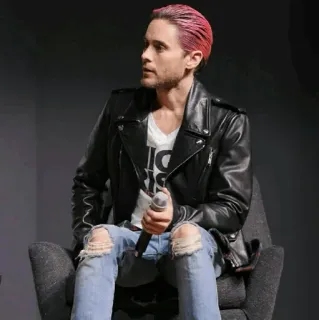 ✖️ man, leather jacket, jeans, microphone, chair, person telegram sticker
