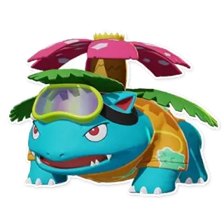 ☀️ Venusaur pokemon, florizarre, personnage de jeu vidéo, monstre, créature, maillot de bain, lunettes de natation, tropical telegram sticker