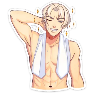 😍 hombre, toalla, abdominales, sonriendo, guiñando, anime telegram sticker