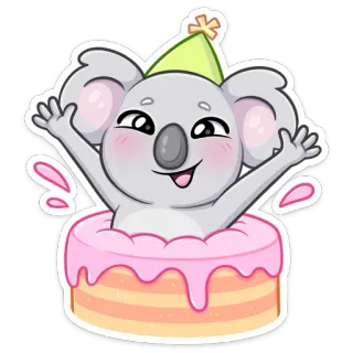 🥳 Koala, Kuchen, Geburtstag, Partyhut, süß, Cartoon, Feier, Tier whatsapp sticker