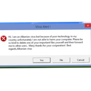 🙂 Virus Alert ! Hi, I am an Albanian virus but because of poor technology in my country unfortunately I am not able to harm your computer. Please be so kind to delete one of your important files yourself and then forward me to other users. Many thanks for your cooperation! Best regards,Albanian virus telegram sticker