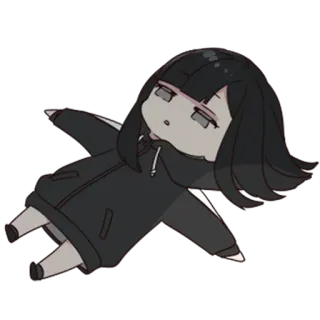 😑 anime girl, chibi, exhausted, black hoodie, cute, lying down telegram sticker