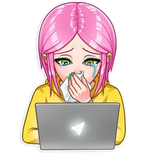 😢 crying, girl, laptop, tears, pink hair, sad, upset, emotions telegram sticker