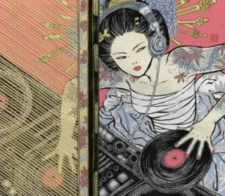 🎵 geisha, DJ, casque, platine, vinyle, musique, tatouage telegram sticker