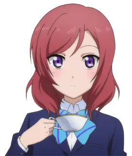😐 Maki Nishikino Love Live! อนิเมะ, เด็กผู้หญิง, ชุดนักเรียน, ผมสีแดง, ตาสีม่วง, ชา telegram sticker