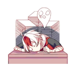💀 exhaustion, overwork, stress, cartoon, tired, desk whatsapp sticker