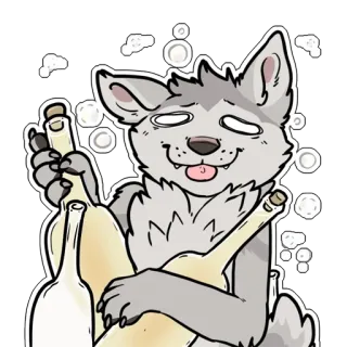 🥂 wolf, dronken, alcohol, flessen, cartoon telegram sticker