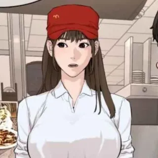 🌸 vrouw, cartoon, McDonald's, werknemer, uniform, portret telegram sticker