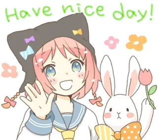👋 Have nice day! Anime, Dessin animé, Lapin, Lapin, Fille, Mignon, Positif, Salutation telegram sticker