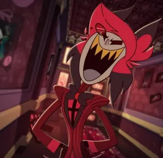 🍾 Alastor Hazbin Hotel demon, prezenter radiowy, złoczyńca, uśmiechnięty, kreskówka telegram sticker