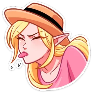 🥰 эльф, мультфильм, блондинка, язык, шляпа, розовая рубашка telegram sticker