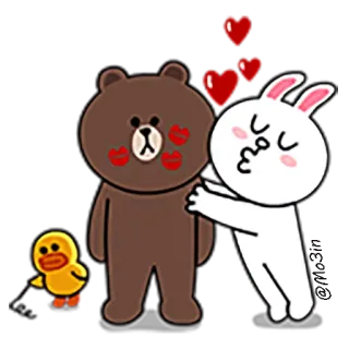 😍 Brown (bear), Cony (rabbit) Line Friends süß, Liebe, Freundschaft, Bär, Hase, Umarmung, Kuss, Cartoon, entzückend telegram sticker
