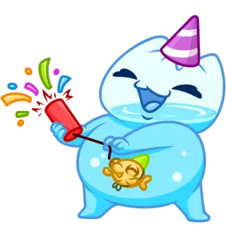 🥳 만화, 축하, 파티, 종이꽃가루, 동물, 물고기, 행복, 재미 telegram sticker