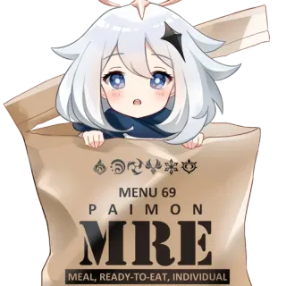 🥡 Paimon Genshin Impact MENU 69
PAIMON
MRE
MEAL, READY-TO-EAT, INDIVIDUAL Anime, Genshin, Paimon, Essen, Mahlzeit, Notfallnahrung whatsapp sticker