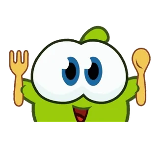 🍽 Om Nom Cut the Rope Om Nom, Cut the Rope, nhân vật, xanh lá cây, hoạt hình, thức ăn, muỗng, nĩa telegram sticker