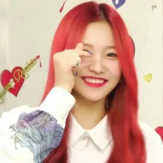 🍰 Rockers mulher, sorrindo, cabelo ruivo, retrato, coração, K-pop whatsapp sticker
