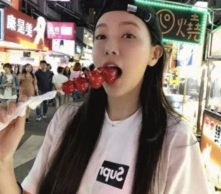 😚 woman, street food, eating, portrait, asian telegram sticker