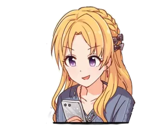 📱 Anime, Garota, Loira, Olhos roxos, Telefone, Sorriso whatsapp sticker