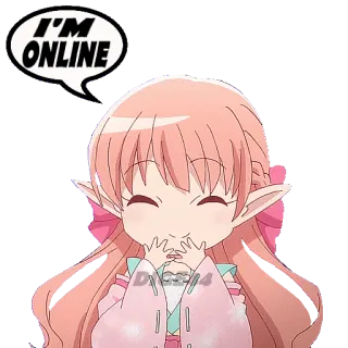 👾 I'M ONLINE 애니메이션, 엘프, 온라인, 귀여운, 카와이, 분홍색, 인사말 telegram sticker