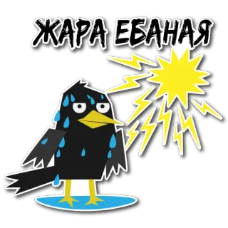 🤯 ЖАРА ЕБАНАЯ corbeau, soleil, chaleur, sueur, éclair, russe, argot telegram sticker