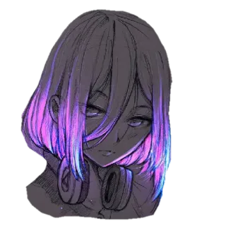 😏 аниме девушка, наушники, фиолетовые волосы, эскиз, цифровое искусство telegram sticker