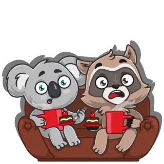 ☕ โคอาลา, แรคคูน, การ์ตูน, โซฟา, กาแฟ, เค้ก telegram sticker