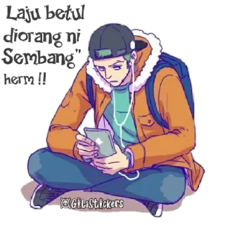 📱 GilaStickers คน, นั่ง, โทรศัพท์, หูฟัง, ลำลอง, สติกเกอร์, การ์ตูน telegram sticker