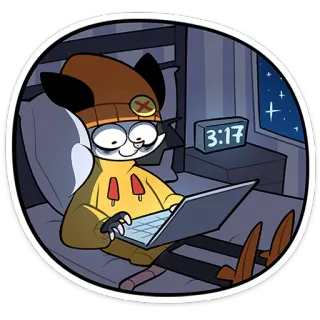 ⭐ cartone animato, notte, laptop, letto, arte digitale, personaggio, illustrazione telegram sticker