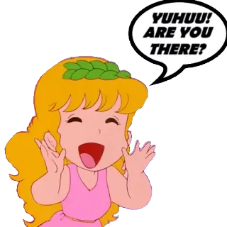 😺 Yuhuu! Are you there? dibujos animados, chica, bocadillo de diálogo, pregunta, saludo telegram sticker