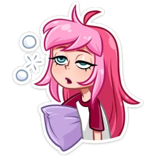 🥱 sleepy, cartoon, girl, pink hair, pillow, tired telegram sticker