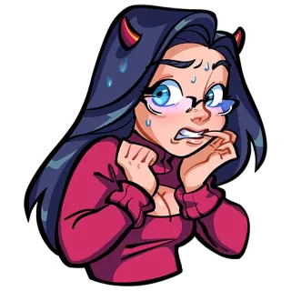 🥶 gugup, cemas, berkeringat, tanduk setan, kartun, wanita telegram sticker