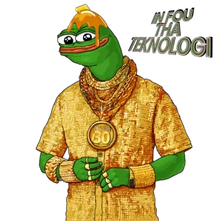 🎤 Pepe INFOU THA TEKNOLOGI เปเป้เดอะฟร็อก, มีม, วัฒนธรรมอินเทอร์เน็ต, ทอง, บลิง, กบการ์ตูน telegram sticker