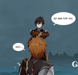 😩 Zhongli Genshin Impact NO ASS FOR YOU, WHY... Мем, Genshin Impact, Чжун Ли, Тарталья, Без жопы telegram sticker