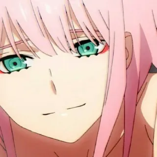 😊 Zero Two Darling in the Franxx 애니메이션, 제로투, 달링 인 더 프랑키스, 캐릭터, 분홍 머리, 여자, 미소 telegram sticker