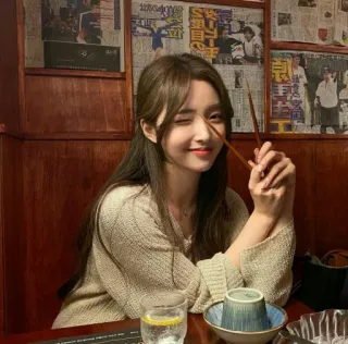 🫐 woman, girl, asian, portrait, winking, chopsticks, restaurant, food telegram sticker