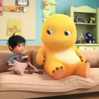 🦖 Kartun, Teman, Sofa, Duduk, Kuning, Anak laki-laki, Anak telegram sticker