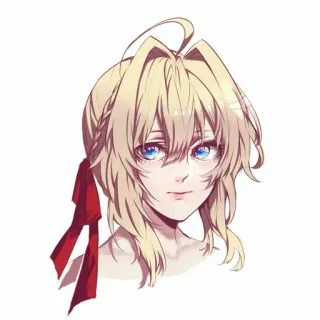 😊 Violet Evergarden anime, blonde hair, red ribbon, blue eyes, portrait, fan art telegram sticker