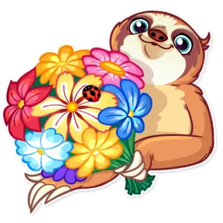 💐 สลอธ, ดอกไม้, น่ารัก, สัตว์, เต่าทอง, ช่อดอกไม้, การ์ตูน, สติกเกอร์ telegram sticker
